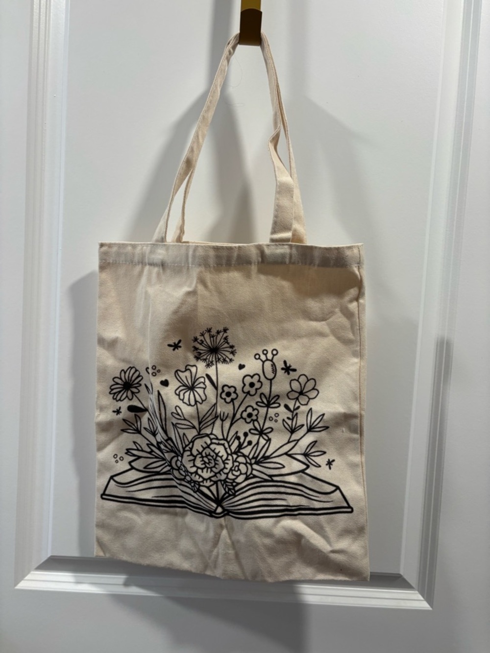 Canvas Tote Bag with Black Floral Book Illustration